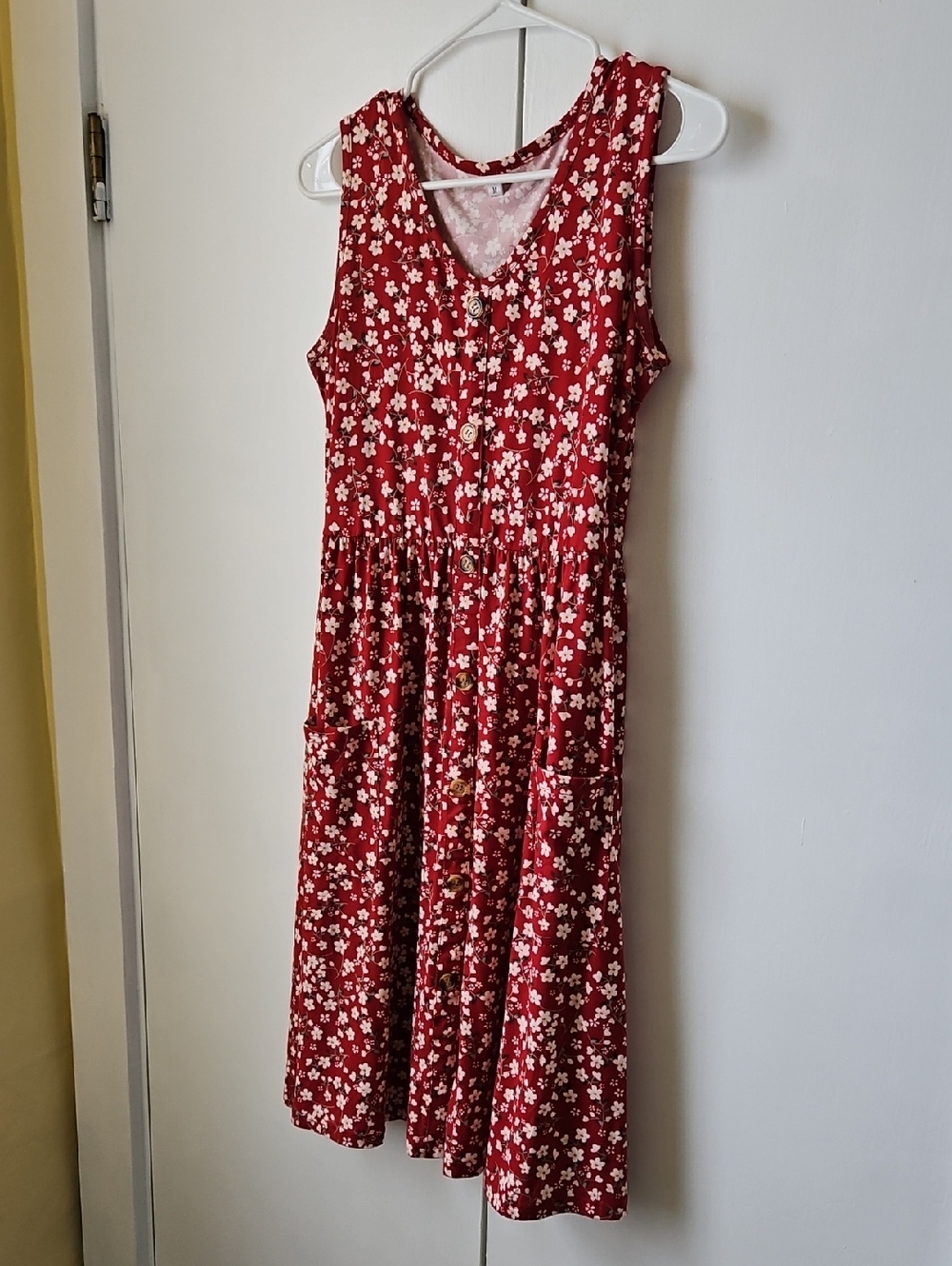 Sleeveless Red Floral Button-Front Dress